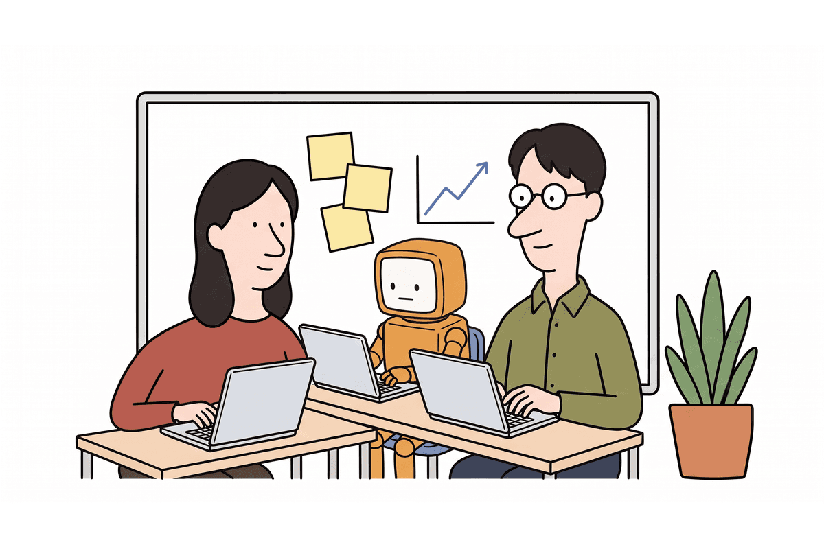 3 つの机で働く 2 人と 1 体のロボット